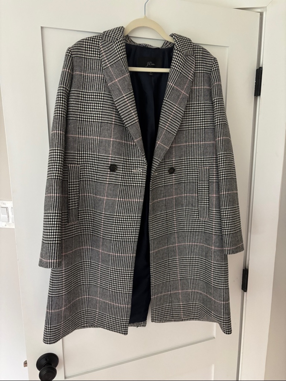 J. Crew Glen Plaid Pea Coat with Pink Overcheck